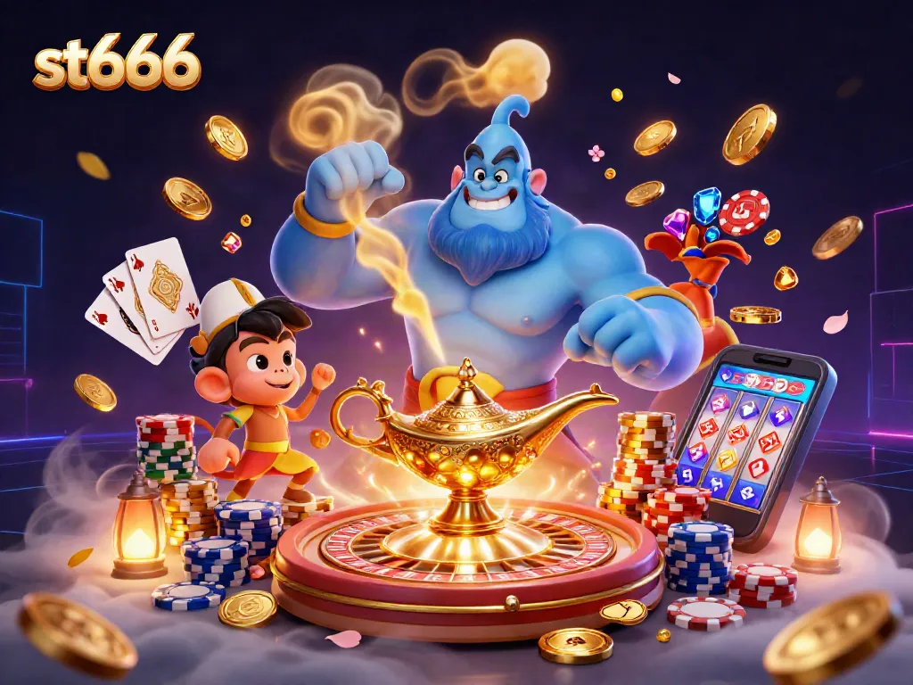 Experience the thrill of gaming with st666 through a magical casino scene featuring a genie, poker chips, and dazzling jewels.