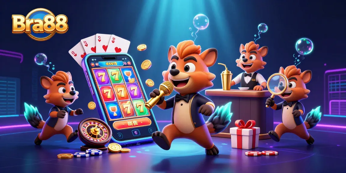 Experience the fun at Bra88's lively casino club with hyena characters, vibrant slots, and golden coins.