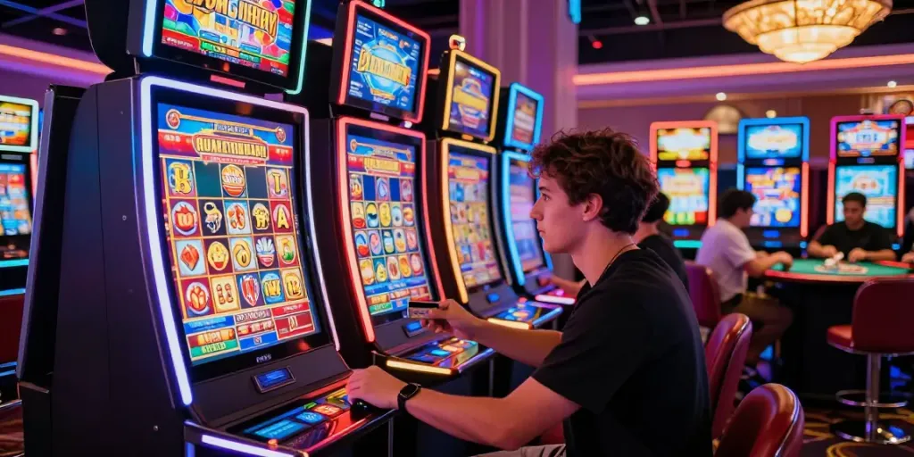 Exciting scene at credit card casinos UK with a player celebrating a slot win, showcasing vibrant gaming atmosphere.