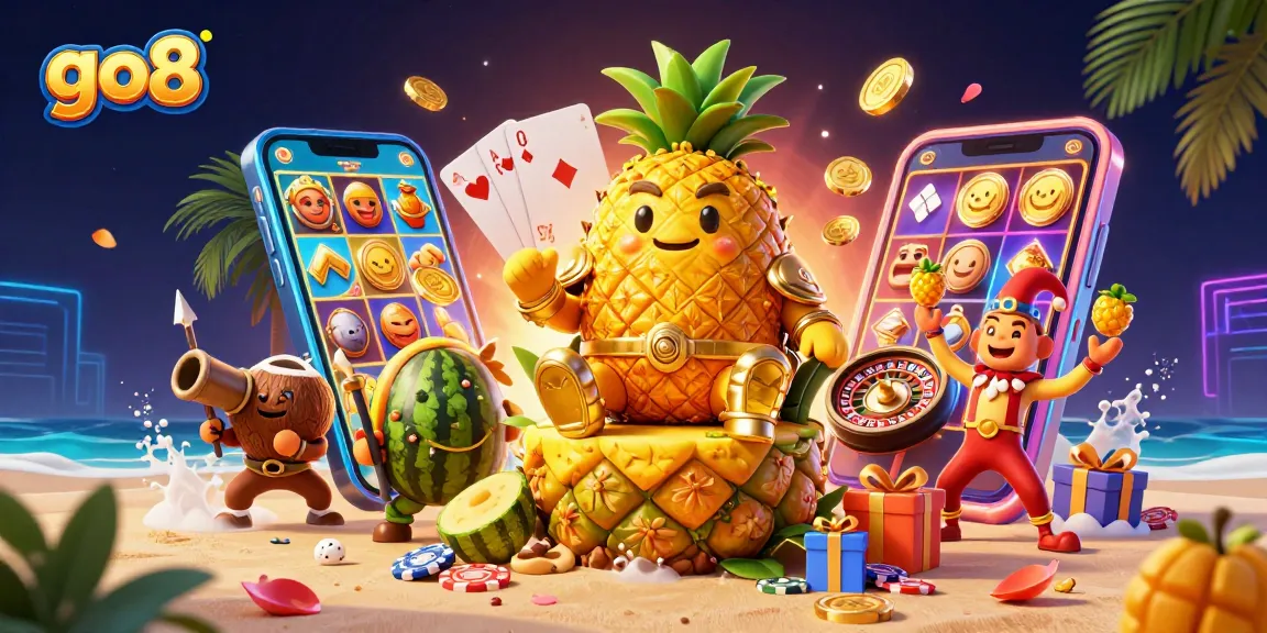 Experience thrilling gameplay at go8, featuring a vibrant scene with a golden pineapple king and exciting casino elements.