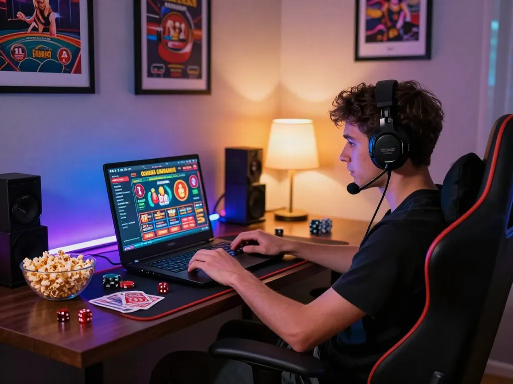 Engaging young adult male gaming in a stylish home setting focused on non gamstop casinos uk activities.