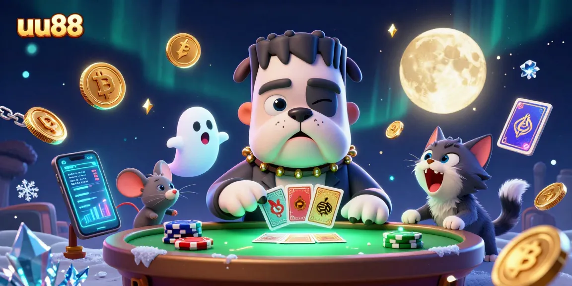 uu88 showcases a 3D cartoon bulldog monster dealing cards among digital coins in a vibrant casino scene.