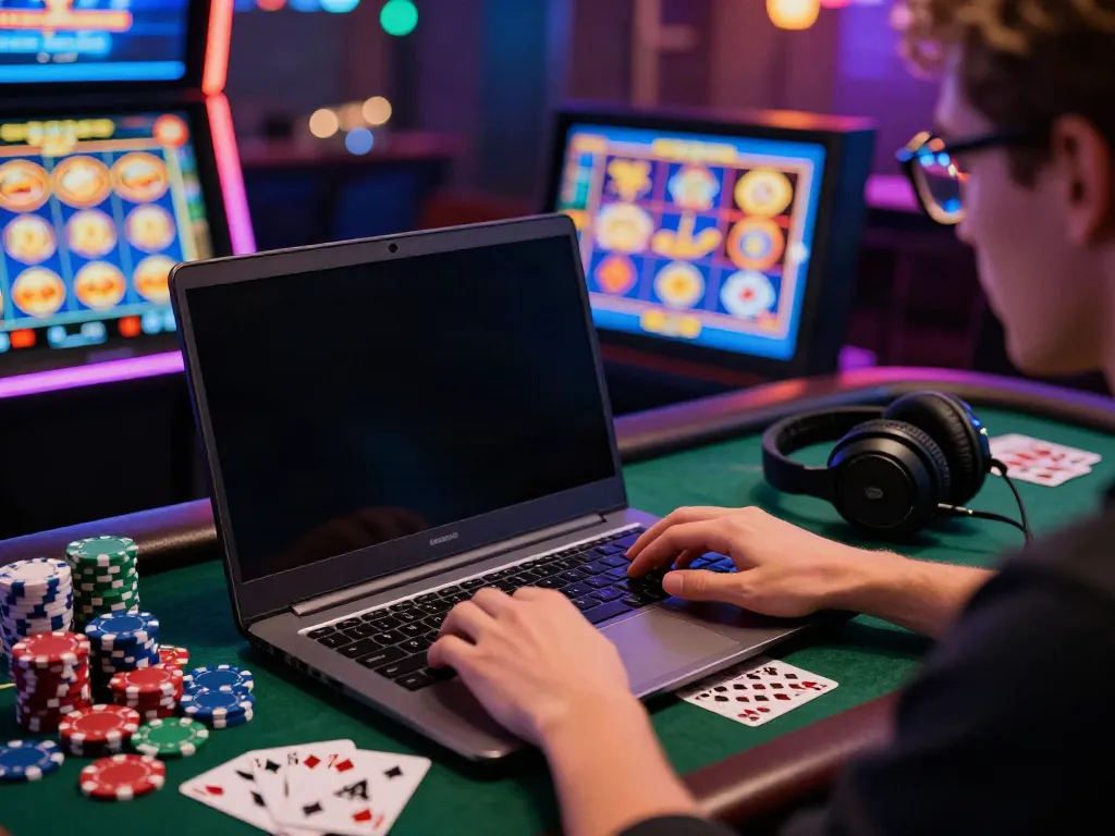 Engaged user experiencing non gamstop casinos uk on a laptop with casino elements.