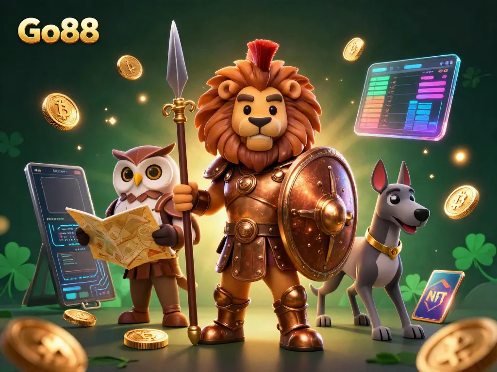 Engage with Go88's thrilling gaming scene featuring a Spartan lion, owl strategist, and greyhound messenger.