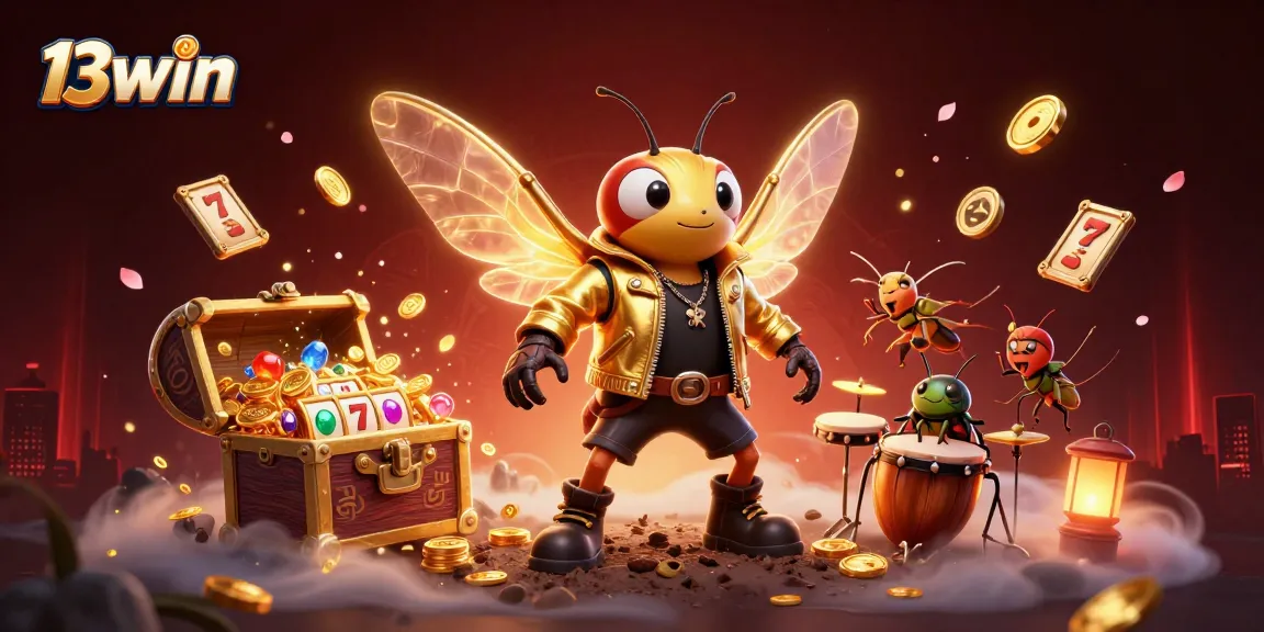 Experience the thrilling jackpot excitement with 13win's vibrant 3D illustration featuring a rock star cicada and dynamic game elements.