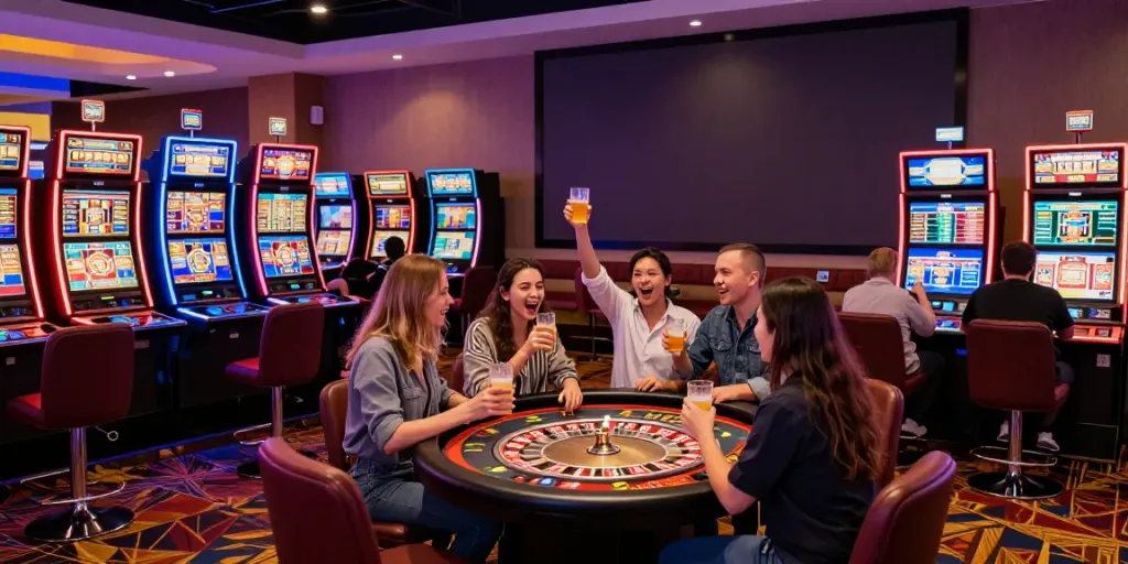 Exciting scene of friends celebrating at non Gamstop casinos UK, surrounded by vibrant slot machines and roulette table.