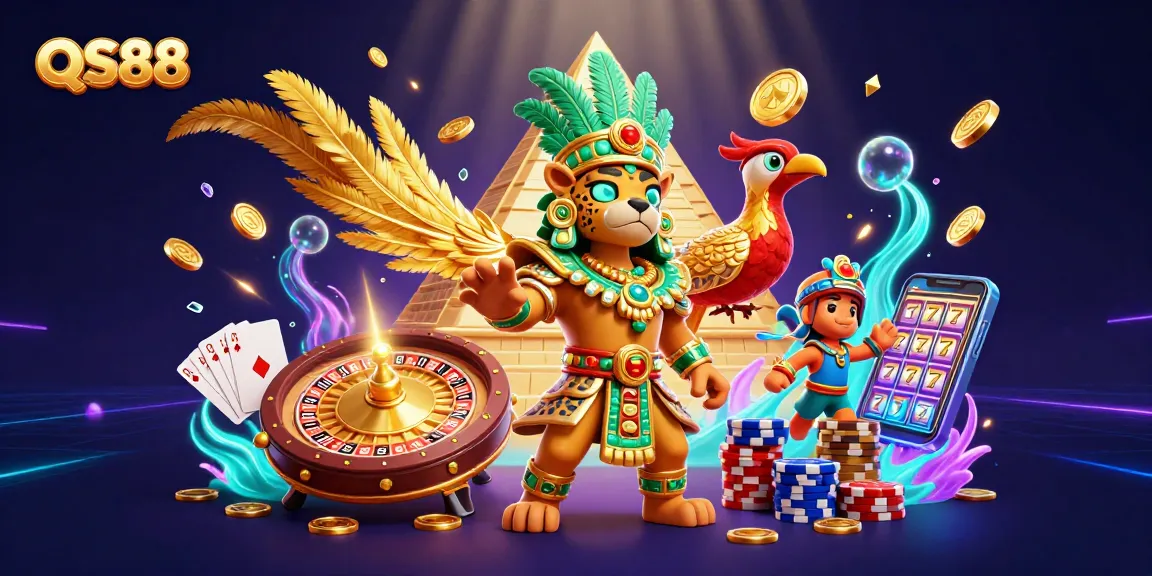 Experience the thrill of QS88 with vibrant casino elements, dazzling coins, and dynamic characters.