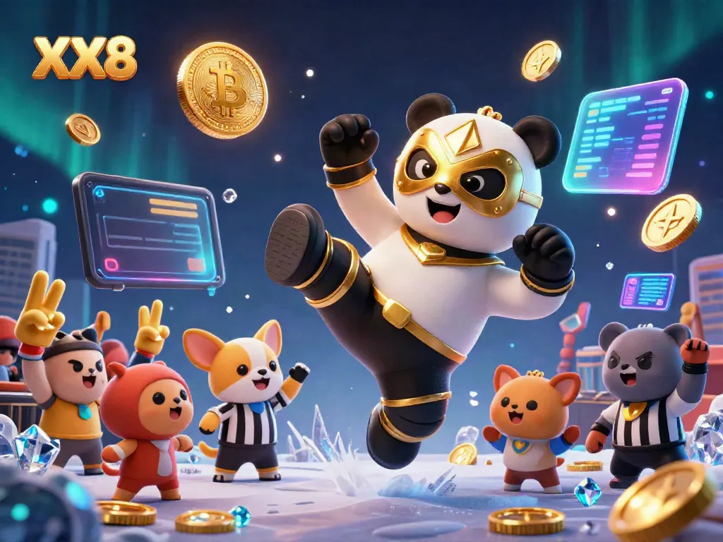 XX8 energizes players with a vibrant 3D scene of a panda wrestler and crypto elements.