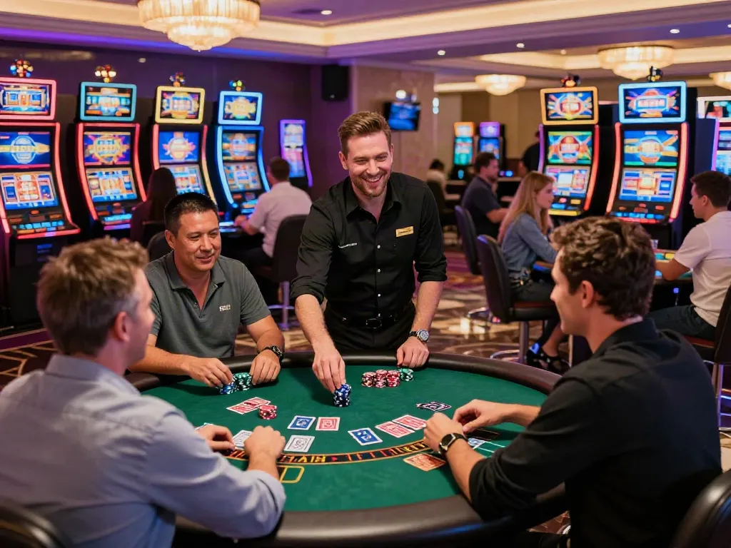 Exciting scene at non GamStop casinos UK with players enjoying table games and colorful slot machines in a lively environment.