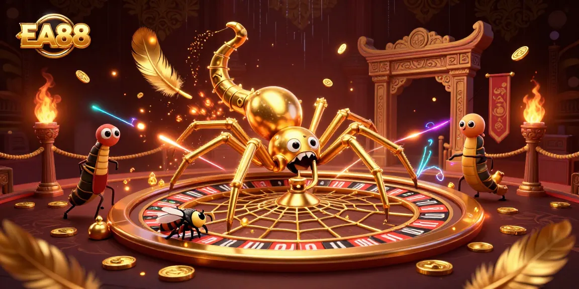 Experience thrilling bets at EA88 with a spider, fly, and centipede in a dynamic casino scene.