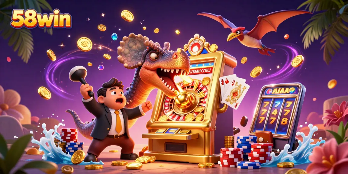 Experience the thrilling jackpot action at 58win with a playful pachycephalosaurus and jackpot coins.
