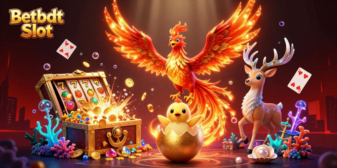 Engage with Betbdt Slot in this vibrant dynamic 3D scene showcasing thrilling casino elements.