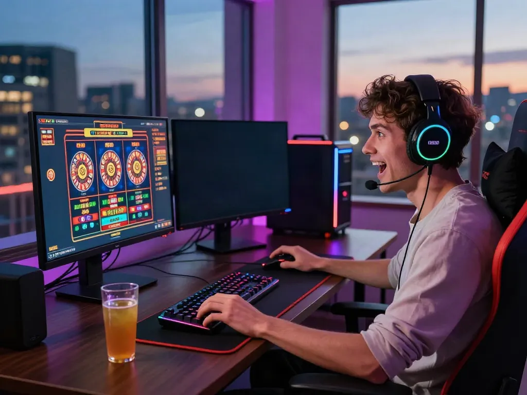 Excited player at home engaging with non gamstop casinos uk in a modern gaming setup.
