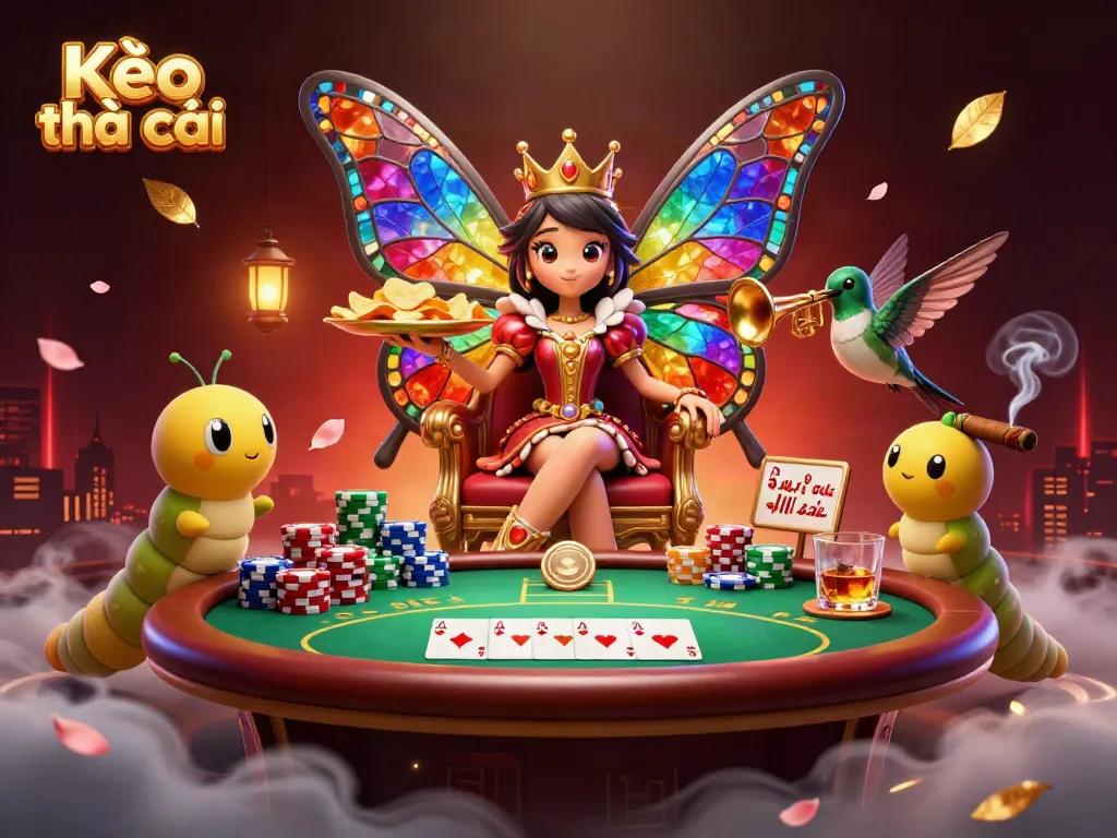 Kèo nhà cái showcases a vibrant 3D scene with a butterfly queen, poker chips, and sports betting elements.