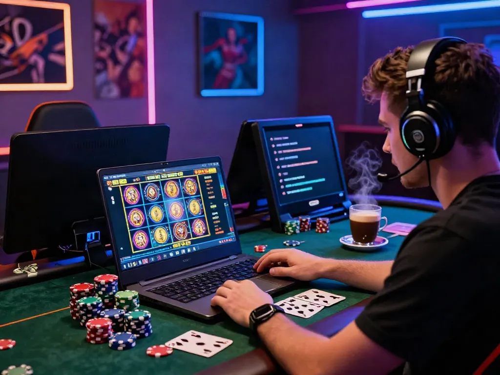 Player enjoying non Gamstop casinos UK with colorful slot games and gaming setup.