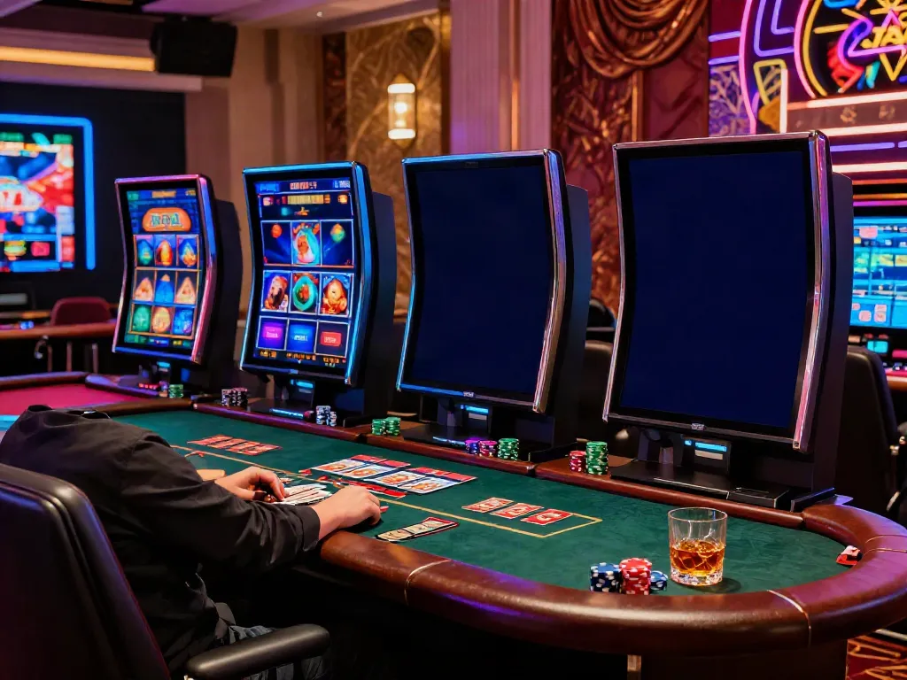 Exciting gaming scene showcasing non GamStop casinos UK with a stylish player at a modern gaming table.