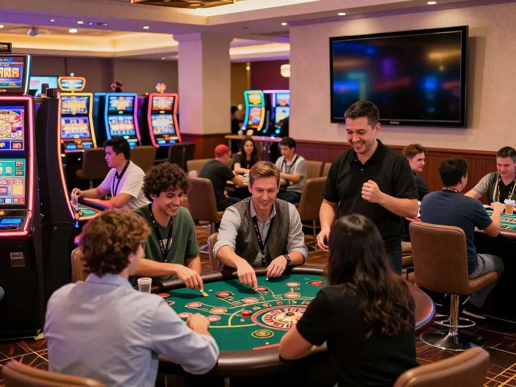 Non GamStop casinos UK lively gaming lounge with players enjoying casino games.