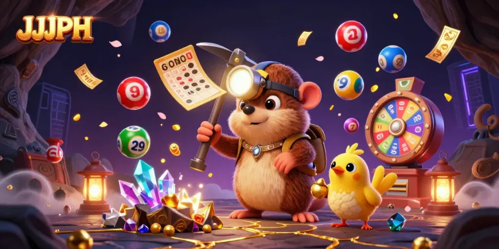 Join the treasure hunter mole on his JJJPH quest, surrounded by vibrant lottery elements and golden excitement.