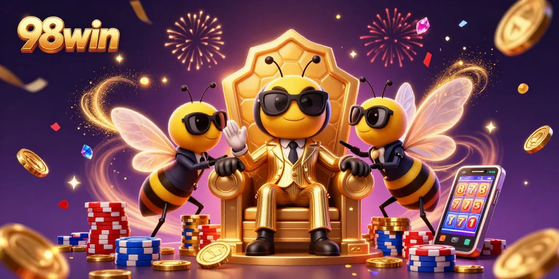 Experience vibrant excitement with 98win in this casino-themed illustration filled with game elements.