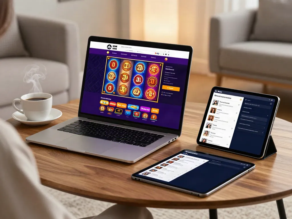 Engaging non gamstop casinos uk gaming scene, featuring laptop and colorful slot games.