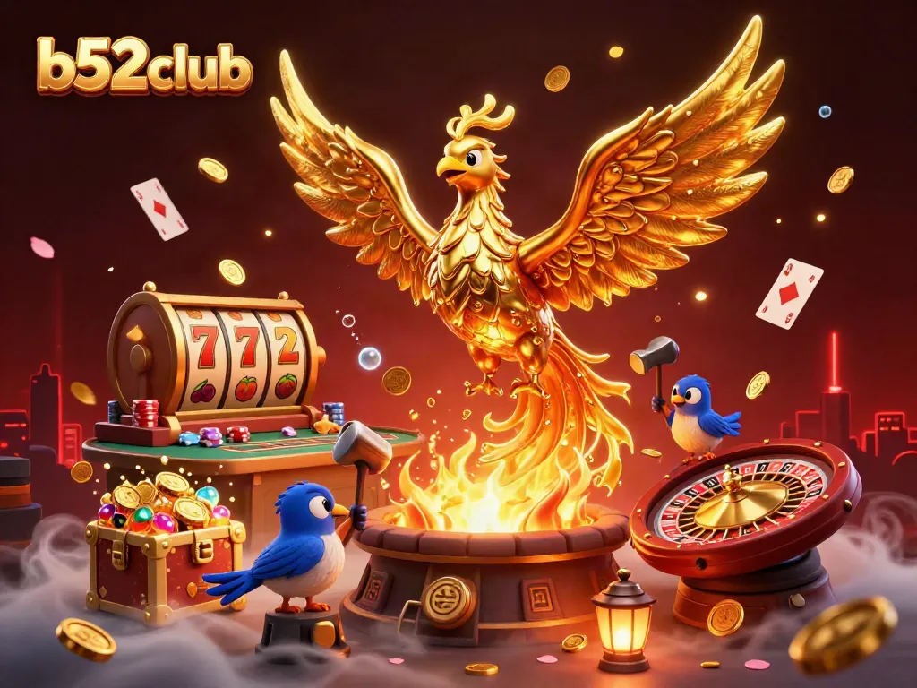 Experience the thrill of gaming with b52club's vibrant 3D illustration showcasing exciting casino elements.