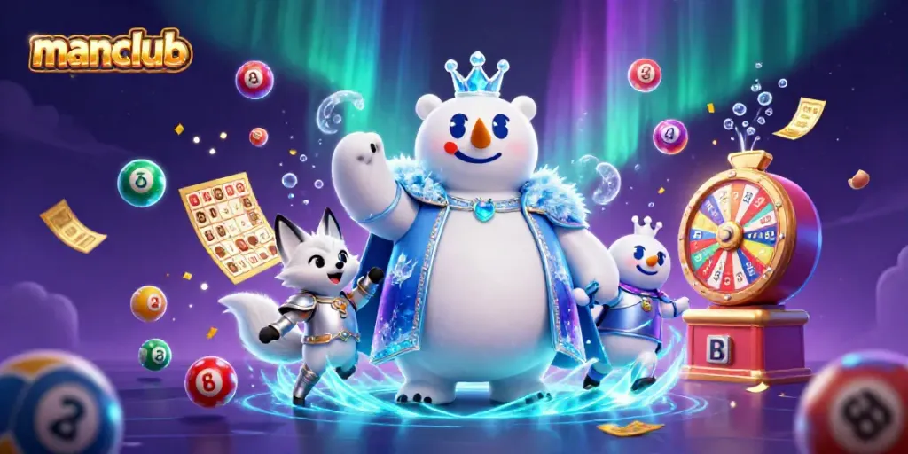 Experience winning moments with manclub's vibrant lottery scene and cartoon characters.