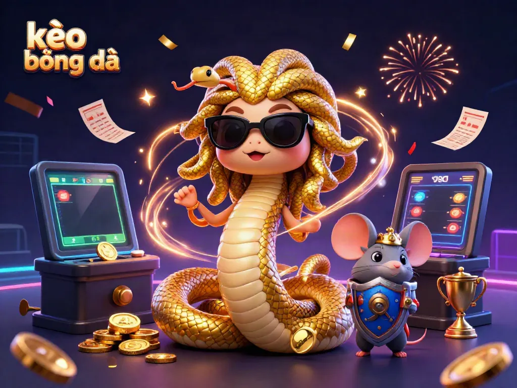 Engage with kèo bóng đá dynamics featuring Medusa and a warrior mouse among colorful sports betting elements.