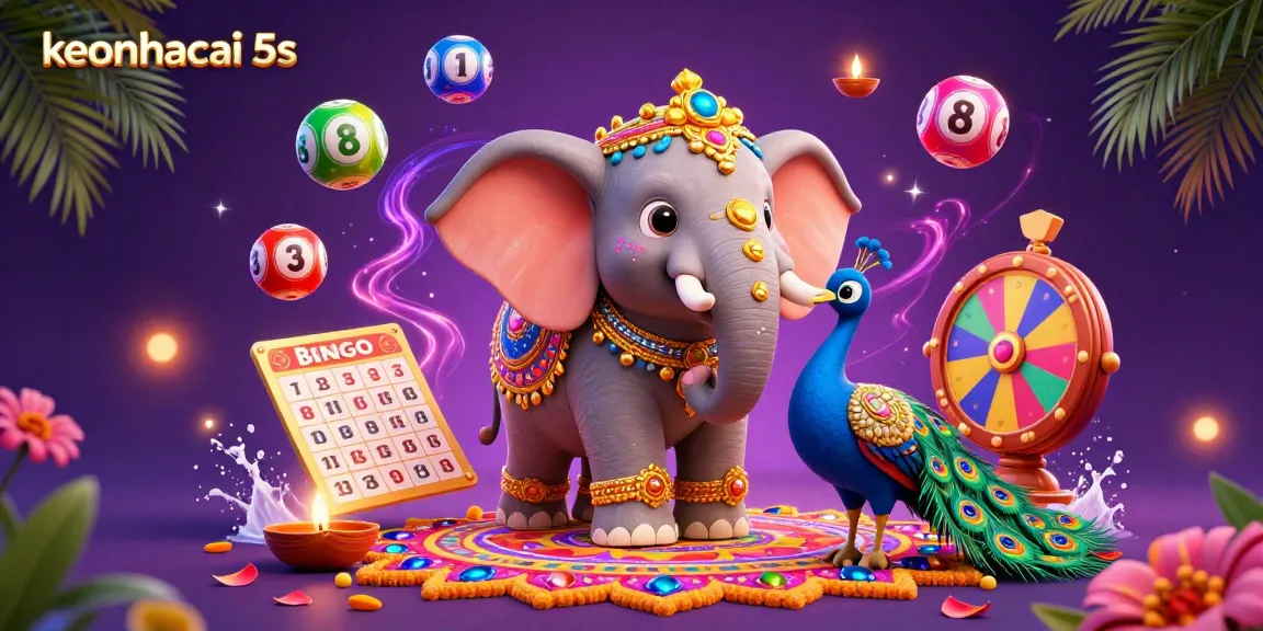 Experience excitement with keonhacai 5s in a vibrant 3D illustration featuring lottery balls, bingo cards, and festive designs.