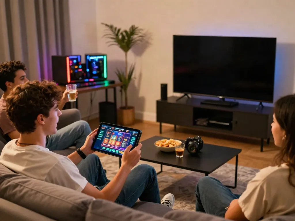 Friends enjoying non gamstop casinos uk games in a lively home setting.