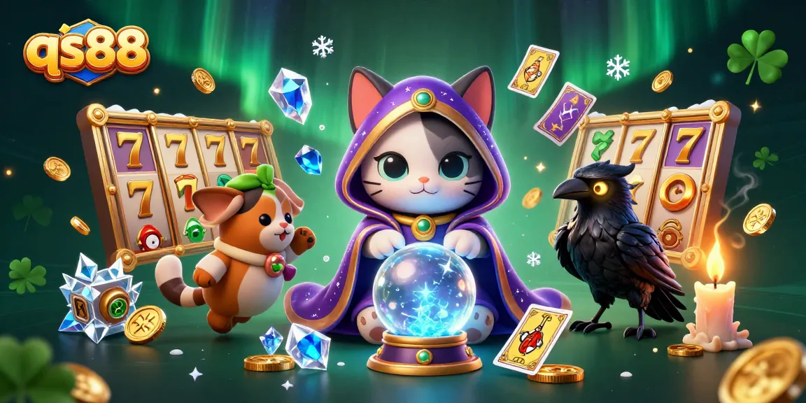 Engage with qs88's vibrant casino thrills through an enchanting illustration of fortune teller characters and slot elements.