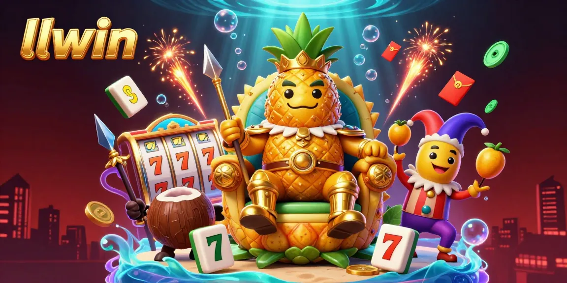 Experience exciting gaming at llwin with the golden pineapple king and casino elements in a vibrant digital illustration.