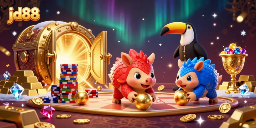 Compete with jd88 pangolins in a vibrant casino scene filled with treasures.