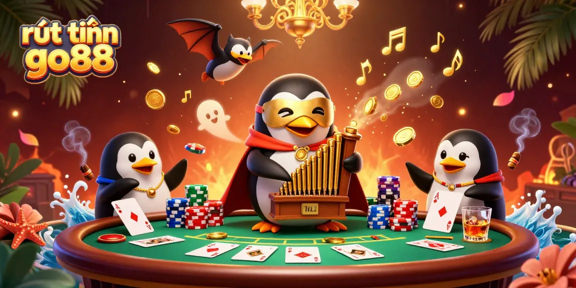 Experience the thrill of rút tiền go88 with a lively illustration of a penguin playing the organ, surrounded by poker elements.