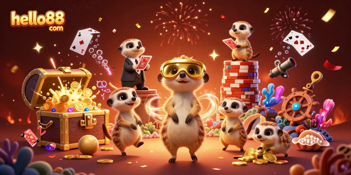 Engage with thrilling slots at hello88 com's vibrant casino atmosphere filled with meerkats and treasure.