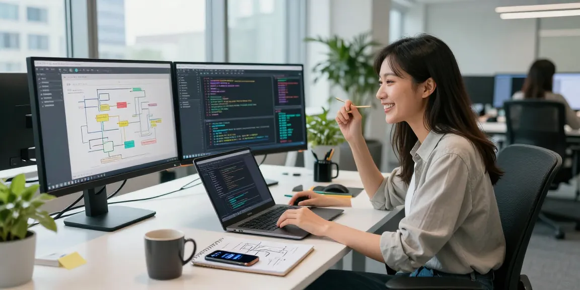 Building internal tools with AI in a modern office workspace with a professional creating a coding interface.
