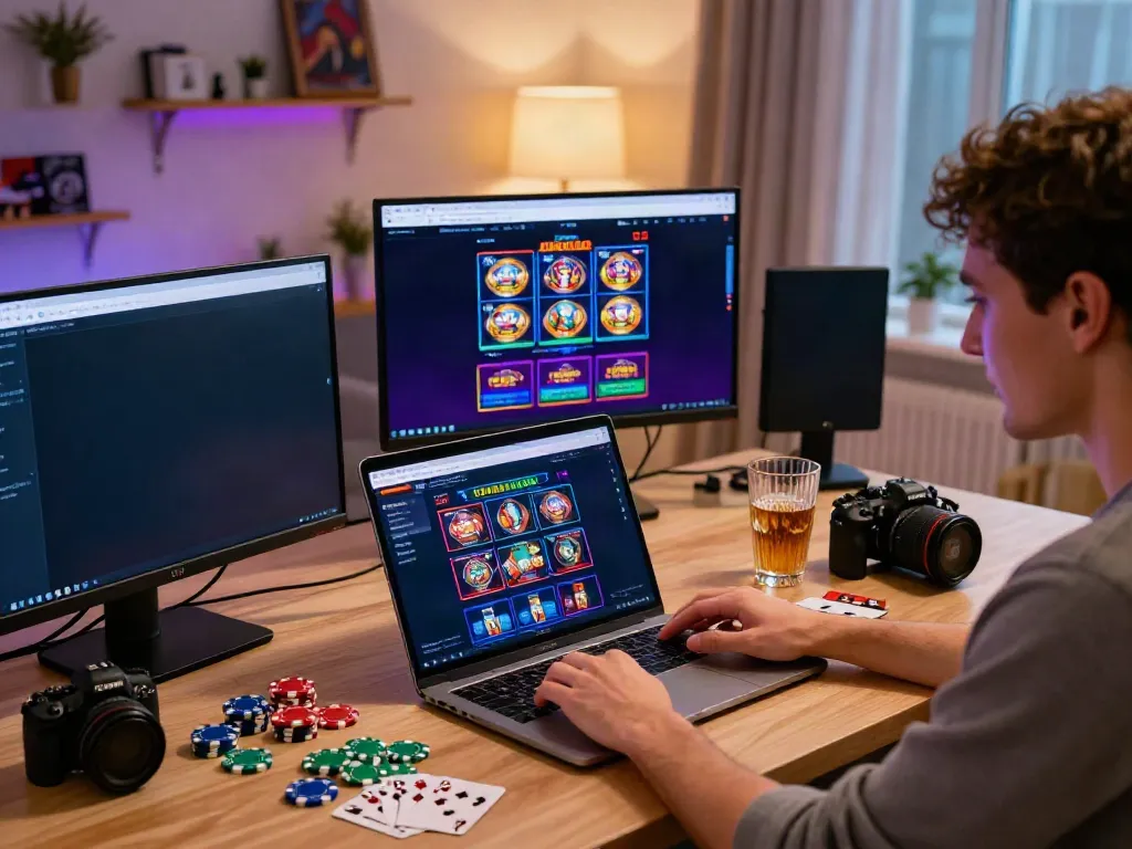Engaging scene of a person exploring non gamstop casinos uk online, highlighting vibrant screens and a relaxed atmosphere.