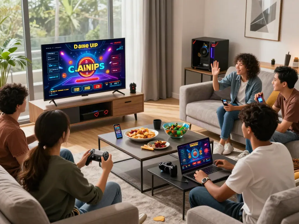 Friends enjoying gaming in a modern living room at non Gamstop casinos UK