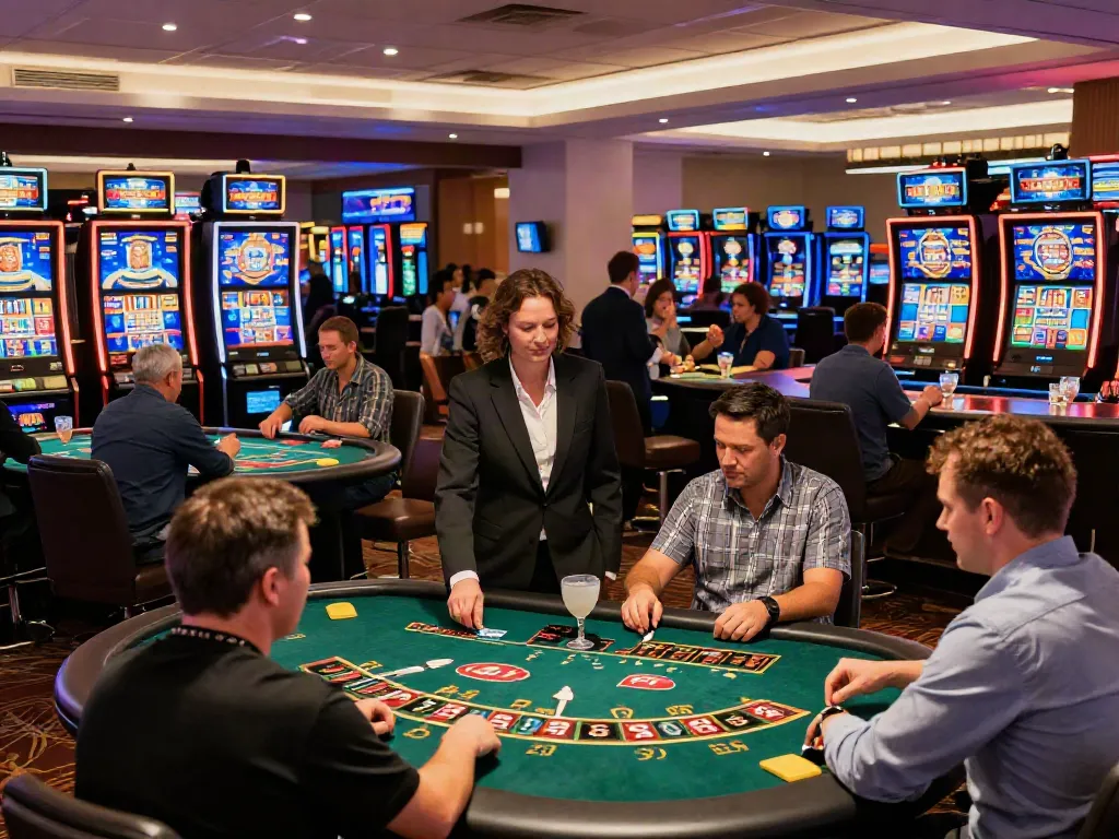 Non Gamstop casinos UK vibrant gaming floor with players at tables and slots.