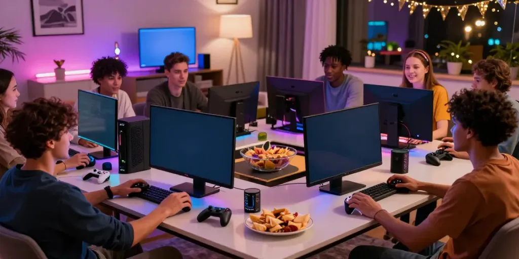 Friends enjoying gaming session at non gamstop casinos uk in vibrant living room.