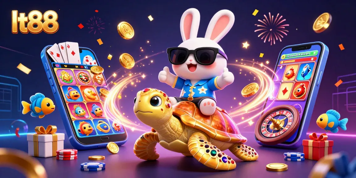 Experience thrilling gameplay with lt88, featuring a lucky rabbit and golden turtle in a 3D casino atmosphere.