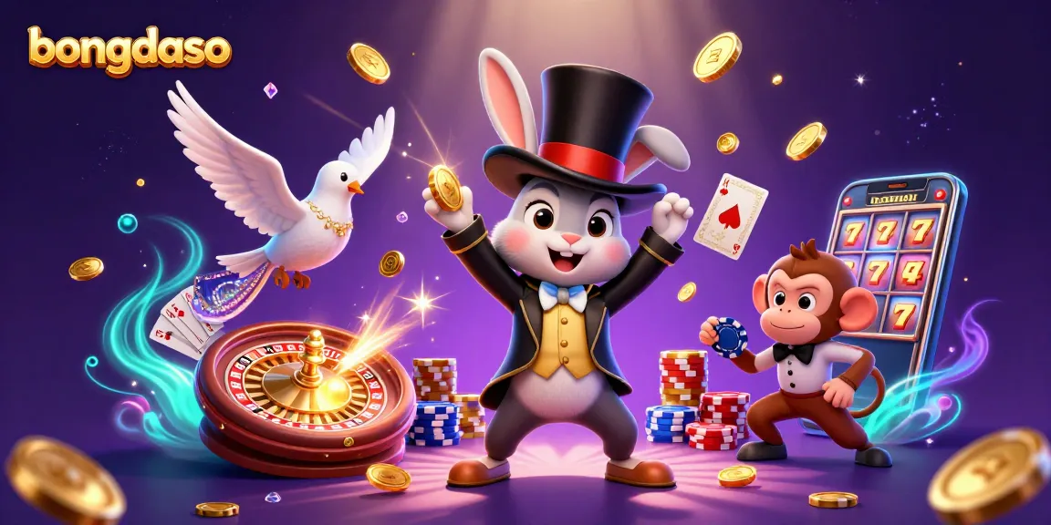 Bongdaso showcases a magical scene with a magician rabbit, dove, and monkey amidst casino treasures.
