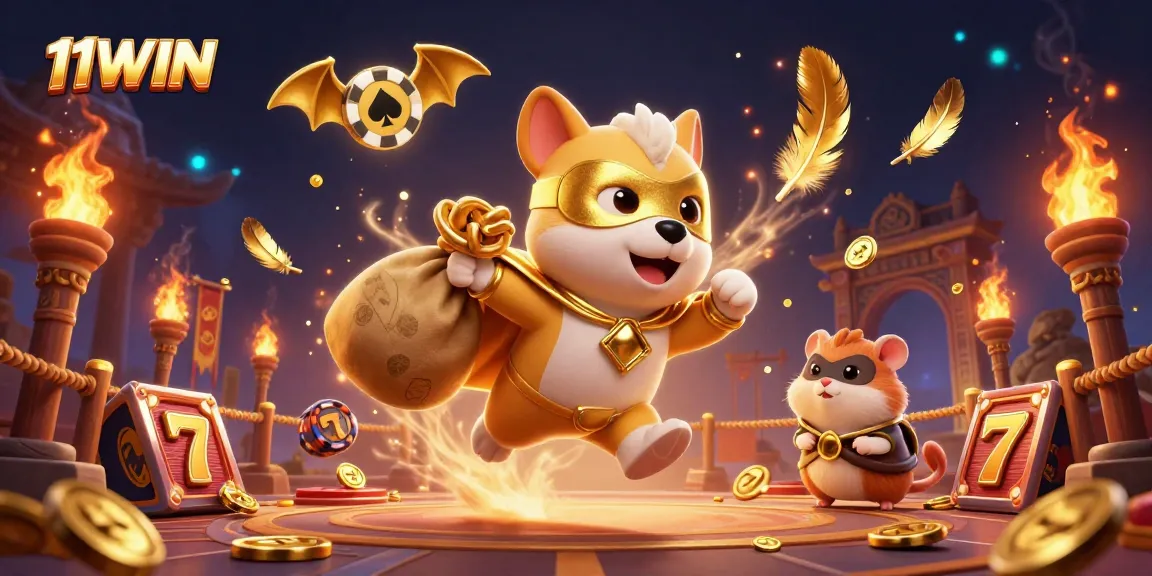 Engage with 11WIN in this vibrant casino scene featuring a superhero dog and hamster amidst slot reels and gold coins.