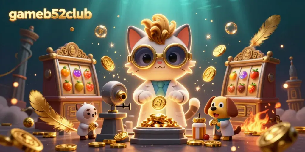 Experience thrilling gameplay at gameb52club with dynamic slot machines, golden coins, and interactive characters.
