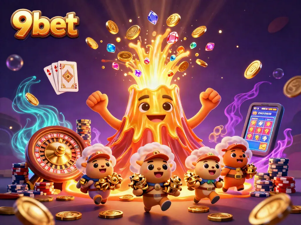 Experience the thrill of 9bet with a stunning eruption of coins and treasures in this vibrant 3D illustration.