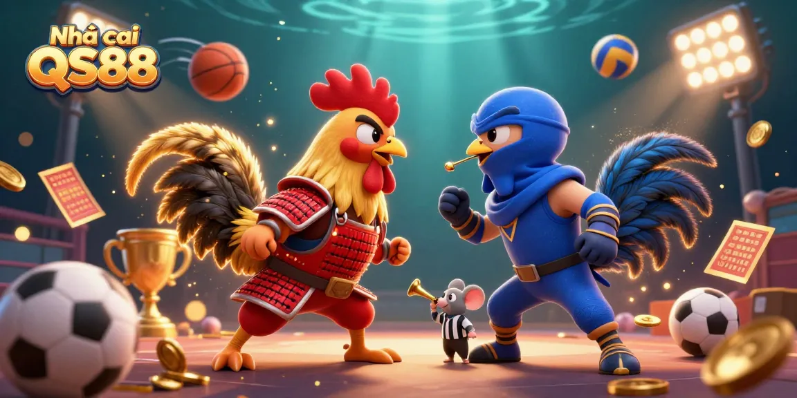 The dynamic scene of Nhà cái QS88 showcases two fighting roosters in action, emphasizing sports betting excitement.