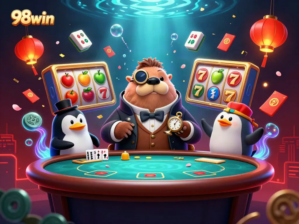 Engage with thrilling slot games at 98win featuring a charming walrus in a casino setting!