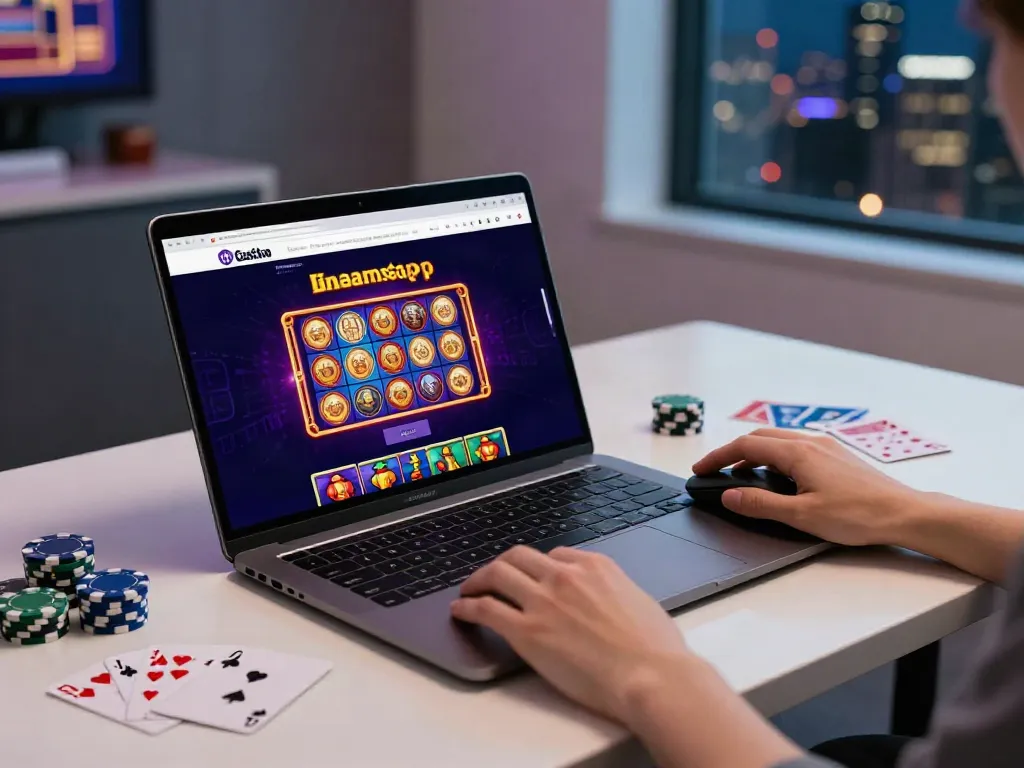 Engaging non GamStop casinos UK gambling scene with laptop and gaming items.