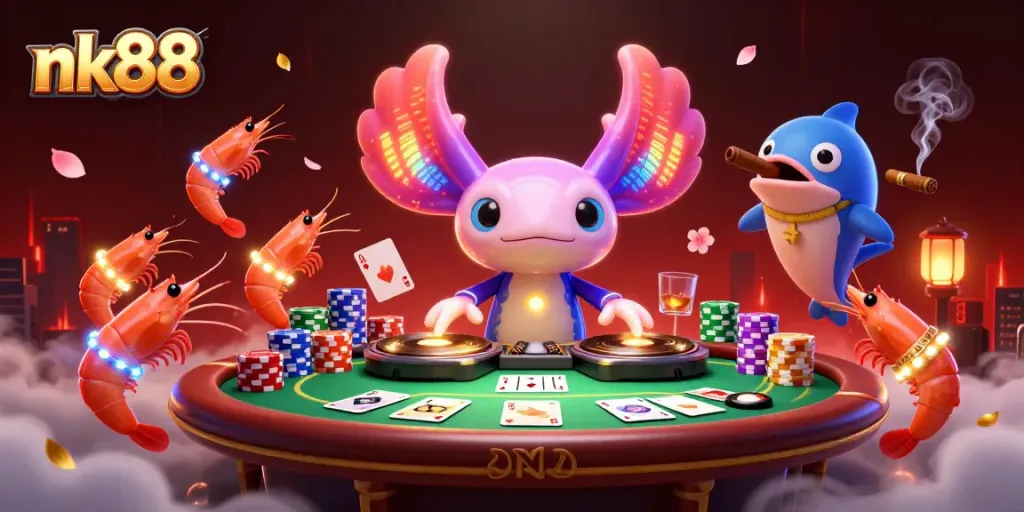 Experience nk88's vibrant casino scene with a neon DJ, poker elements, and dynamic characters.