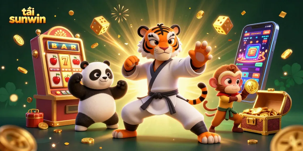 Play exciting games and tải sunwin with a vibrant 3D casino illustration featuring colorful characters and thrilling elements.