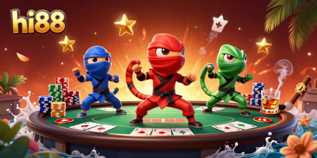 Engage with hi88's immersive gaming illustrated by ninja chameleons in a dynamic casino scene